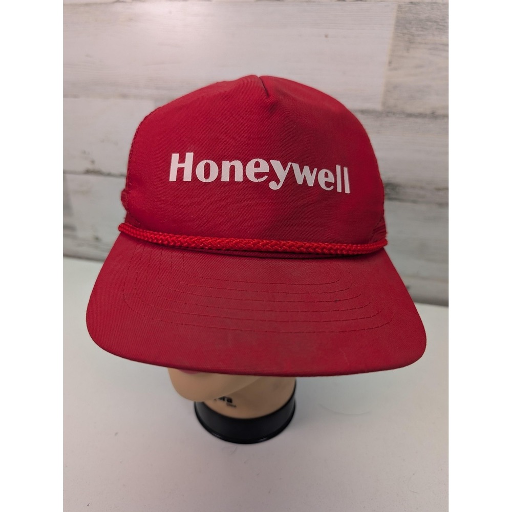 Vintage‎ Honeywell Hat Cap Snap Back One Size Red Mesh Trucker Rope USA 80s